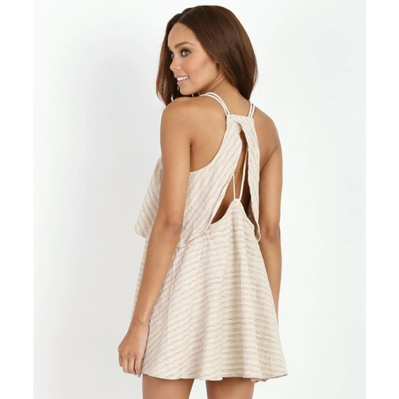 Free People Novelty Ivory Blue Striped Linen Sleeveless Open Back Mini Dress - Picture 3 of 14